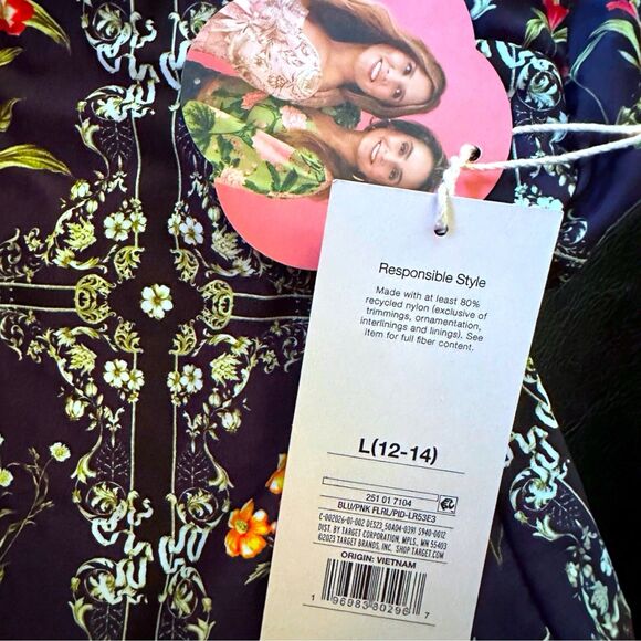 Aguabendita Blue/Pink Floral Tile Print Cheeky One Piece Swimsuit Sz. L (12-14) - Picture 5 of 7